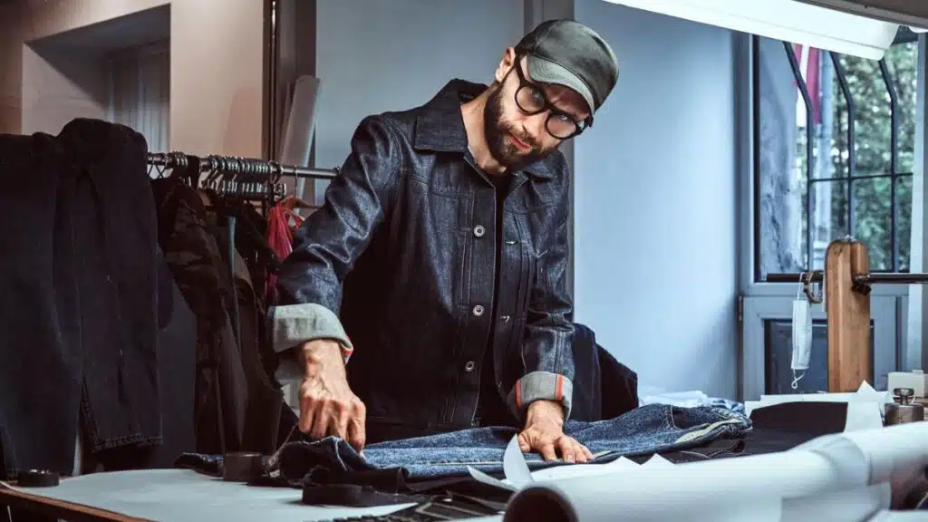 A bearded man in a cap and denim jacket works intently over a workbench, cutting or shaping a piece of denim fabric on a cutting mat in a tailoring studio.