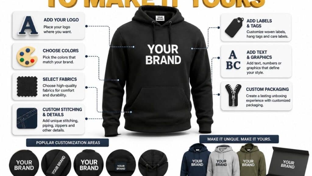 Infographic showing customization options for a hoodie, including adding a logo, choosing colors, selecting fabrics, custom stitching, labels, text and graphics, and custom packaging, with popular customization areas highlighted.