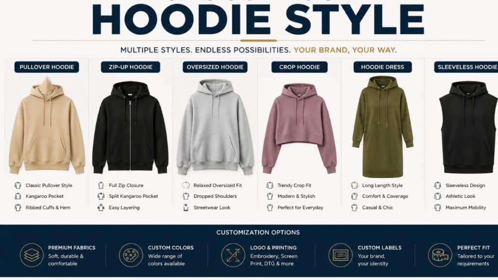 Promotional graphic titled "HOODIE STYLE" in large dark blue letters, with the tagline "MULTIPLE STYLES. ENDLESS POSSIBILITIES. YOUR BRAND, YOUR WAY." The main section shows a 2x3 grid of six hoodie styles: Pullover Hoodie (tan), Zip-Up Hoodie (black), Oversized Hoodie (light gray), Crop Hoodie (mauve), Hoodie Dress (olive green), and Sleeveless Hoodie (black). Each style is pictured on a model with a list of feature icons below it. The bottom section on a dark blue background presents "CUSTOMIZATION OPTIONS" across five categories — Premium Fabrics, Custom Colors, Logo & Printing, Custom Labels, and Perfect Fit — each with an icon and brief description.