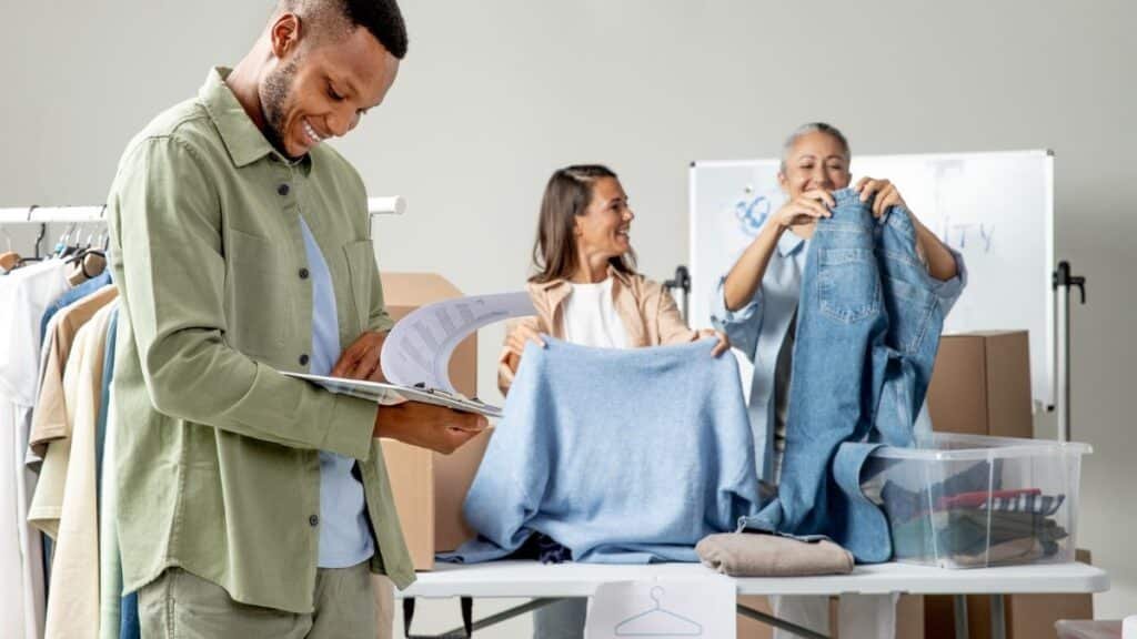 A man in a light green button-up shirt over a light blue t-shirt smiles while reading from a clipboard, standing beside a rack of hanging clothes. Behind him, two women sort clothing at a white table — one holds up a blue sweater, the other holds up blue jeans. A plastic bin of folded clothes and a cardboard box sit on the table, with a whiteboard marked "TY" on the wall behind them.