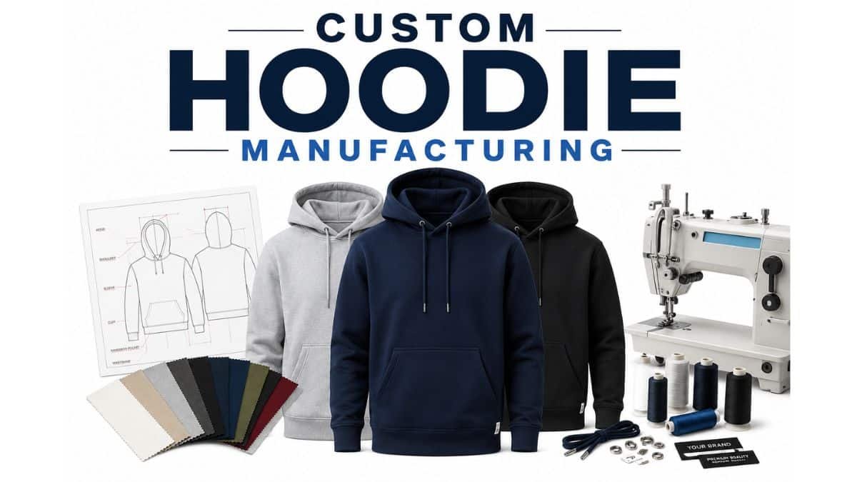 A mood board titled "Custom Hoodie Manufacturing" with three plain hoodies in light grey, dark blue, and black, surrounded by fabric swatches, a technical hoodie diagram, an industrial sewing machine, thread spools, and accessories like drawstrings, grommets, and brand tags.
