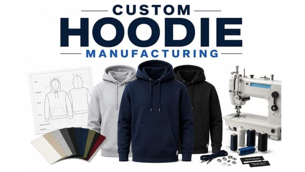 A mood board titled "Custom Hoodie Manufacturing" with three plain hoodies in light grey, dark blue, and black, surrounded by fabric swatches, a technical hoodie diagram, an industrial sewing machine, thread spools, and accessories like drawstrings, grommets, and brand tags.