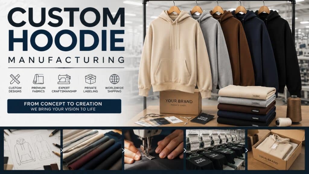 Custom hoodie manufacturer producing private label hoodies with premium fabrics, custom branding, embroidery, printing, and worldwide shipping.