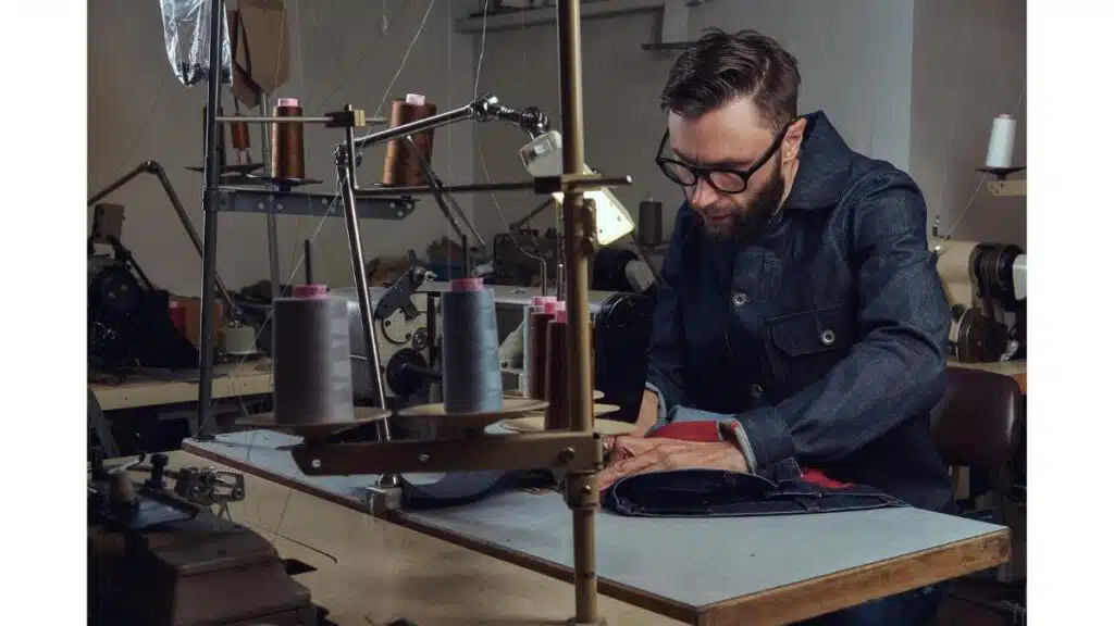 A bearded tailor in a denim shirt sewing dark fabric with red lining at a workshop sewing machine.