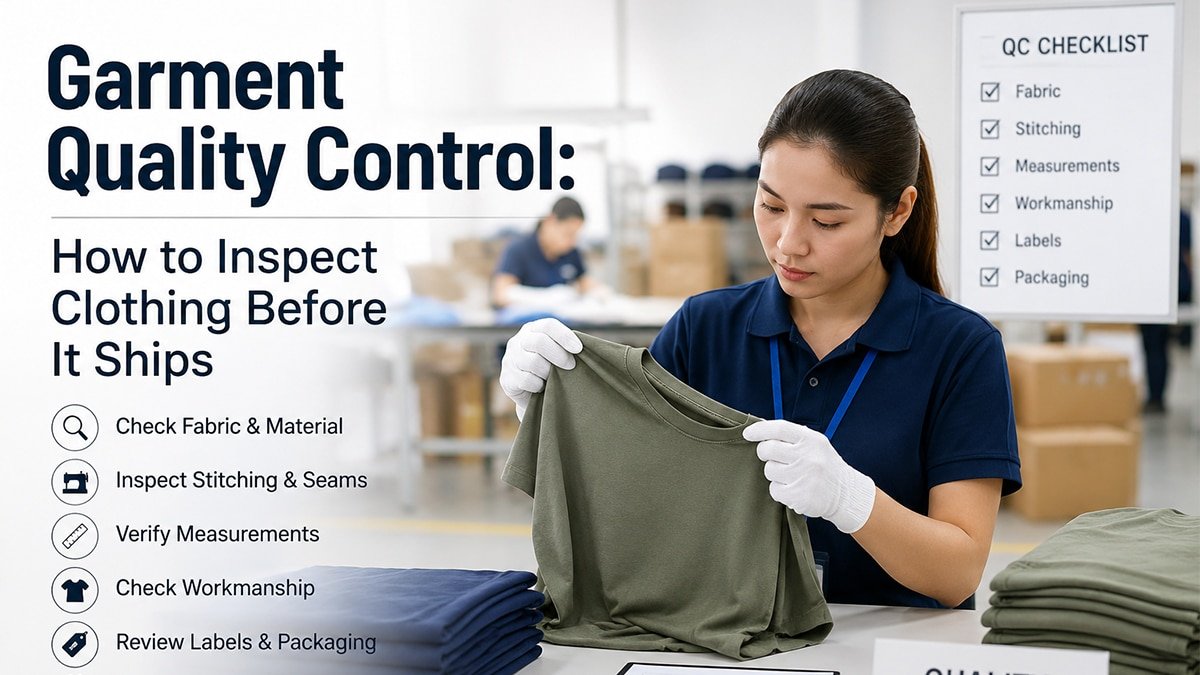 Garment quality control inspector checking clothing quality before shipment in an apparel factory.