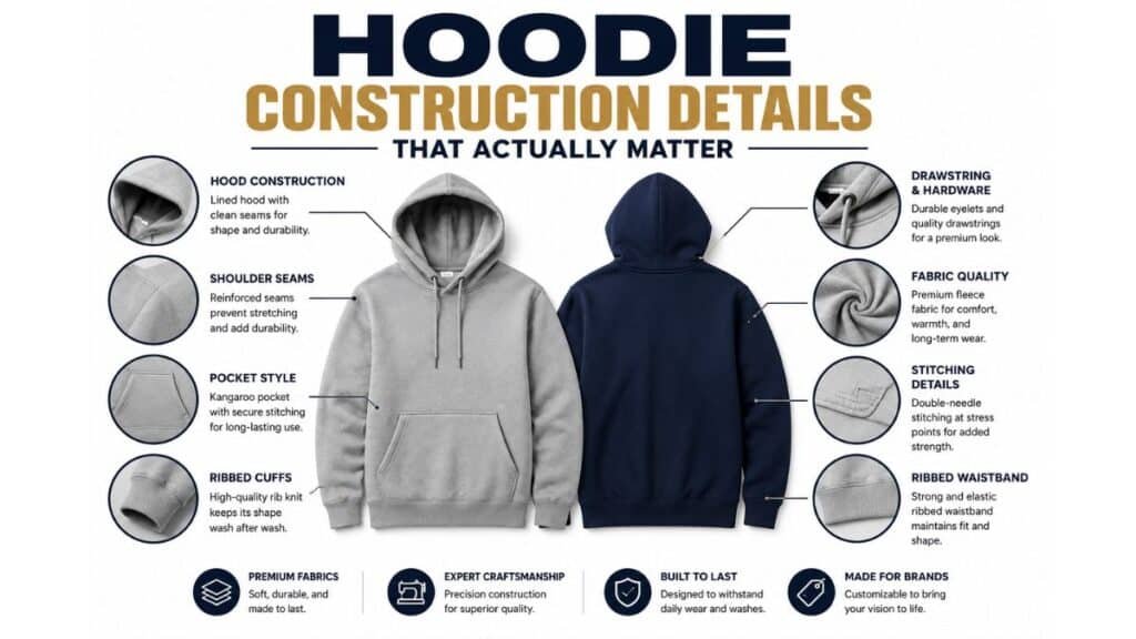 An infographic on a white background detailing hoodie construction. Two hoodies are shown in the center — a light gray front view and a dark blue back view. Circular callouts point to features labeled on the left: Hood Construction, Shoulder Seams, Pocket Style, and Ribbed Cuffs. On the right: Drawstring & Hardware, Fabric Quality, Stitching Details, and Ribbed Waistband. Four benefit icons at the bottom read: Premium Fabrics, Expert Craftsmanship, Built to Last, and Made for Brands.