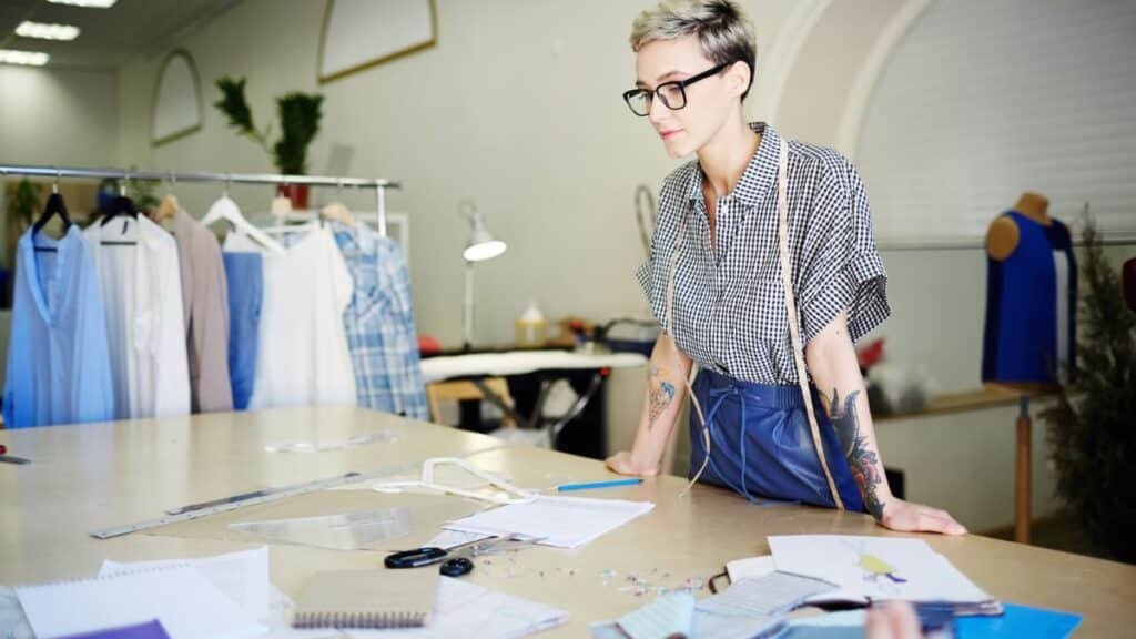 A female fashion designer with short blonde hair and glasses working at a table covered with sewing tools and sketches in a bright design studio.