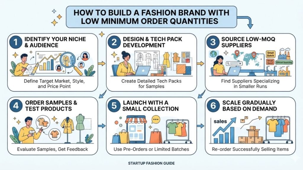 Infographic titled "How to Build a Fashion Brand with Low Minimum Order Quantities" showing a 6-step process with icons and text, in a light blue and white color scheme.