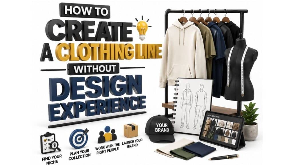 A 3D graphic with the title "How to Create a Clothing Line Without Design Experience" on the left, featuring icons for finding your niche, planning your collection, working with the right people, and launching your brand. On the right, a clothing rack with garments, a tailor's dummy, a sketchpad, a cap reading "YOUR BRAND," a tablet showing a moodboard, fabric swatches, and a small plant.