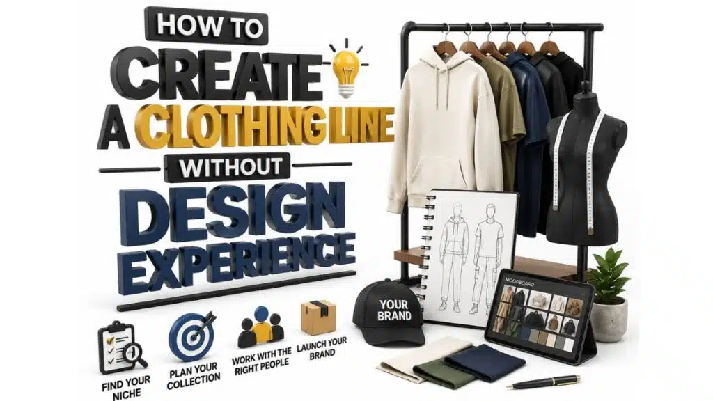 A 3D graphic with the title "How to Create a Clothing Line Without Design Experience" on the left, featuring icons for finding your niche, planning your collection, working with the right people, and launching your brand. On the right, a clothing rack with garments, a tailor's dummy, a sketchpad, a cap reading "YOUR BRAND," a tablet showing a moodboard, fabric swatches, and a small plant.