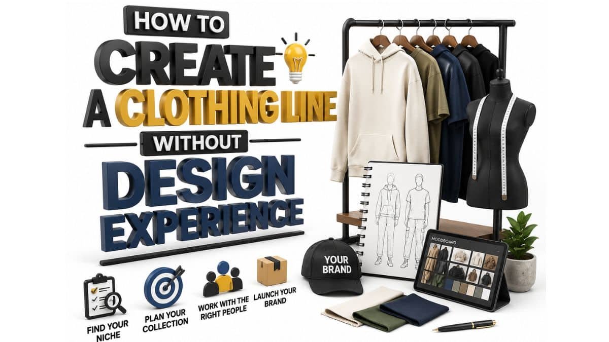A 3D graphic with the title "How to Create a Clothing Line Without Design Experience" on the left, featuring icons for finding your niche, planning your collection, working with the right people, and launching your brand. On the right, a clothing rack with garments, a tailor's dummy, a sketchpad, a cap reading "YOUR BRAND," a tablet showing a moodboard, fabric swatches, and a small plant.