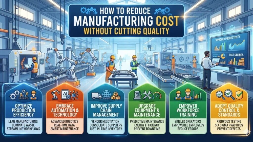 An illustrated infographic showing a modern manufacturing plant with workers, machinery, conveyor belts, and robotic arms. A worker stands before a large monitor displaying "IMPROVED PRODUCTIVITY" and "COST SAVINGS" graphs. The banner reads "HOW TO REDUCE MANUFACTURING COST WITHOUT CUTTING QUALITY." Below are six hexagonal icons: OPTIMIZE PRODUCTION EFFICIENCY (Lean Manufacturing, Eliminate Waste, Streamline Workflows), EMBRACE AUTOMATION & TECHNOLOGY (Advanced Robotics, Real-time Data, Smart Maintenance), IMPROVE SUPPLY CHAIN MANAGEMENT (Vendor Negotiation, Consolidate Suppliers, Just-in-Time Inventory), UPGRADE EQUIPMENT & MAINTENANCE (Predictive Maintenance, Energy Efficiency, Prevent Downtime), EMPOWER WORKFORCE TRAINING (Skilled Operators, Empowered Employees, Reduce Errors), and ADOPT QUALITY CONTROL & STANDARDS (Rigorous Testing, Six Sigma Practices, Prevent Defects).