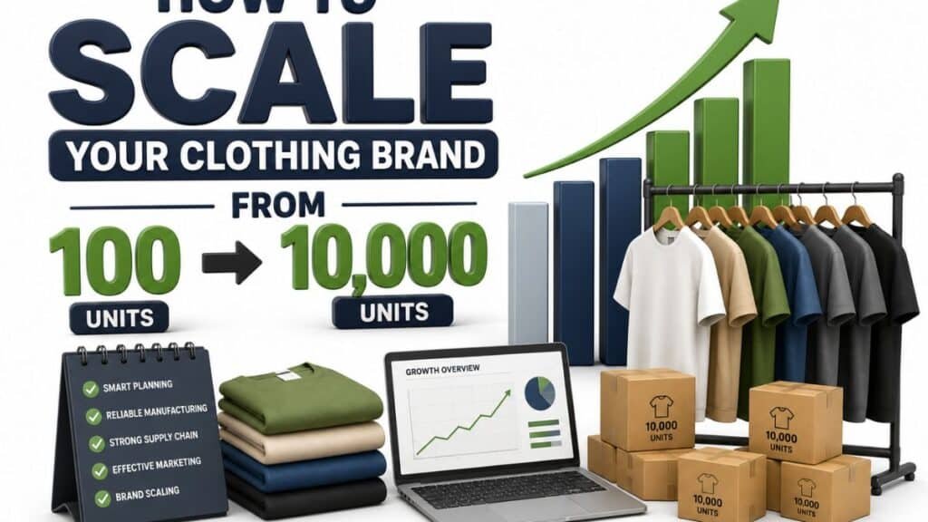 A visual guide titled "How to Scale Your Clothing Brand from 100 to 10,000 Units," featuring an upward green arrow over a bar graph, a laptop showing growth metrics, a clothing rack, folded t-shirts, a strategy flip chart listing key business pillars, and boxes labeled "10,000 Units."