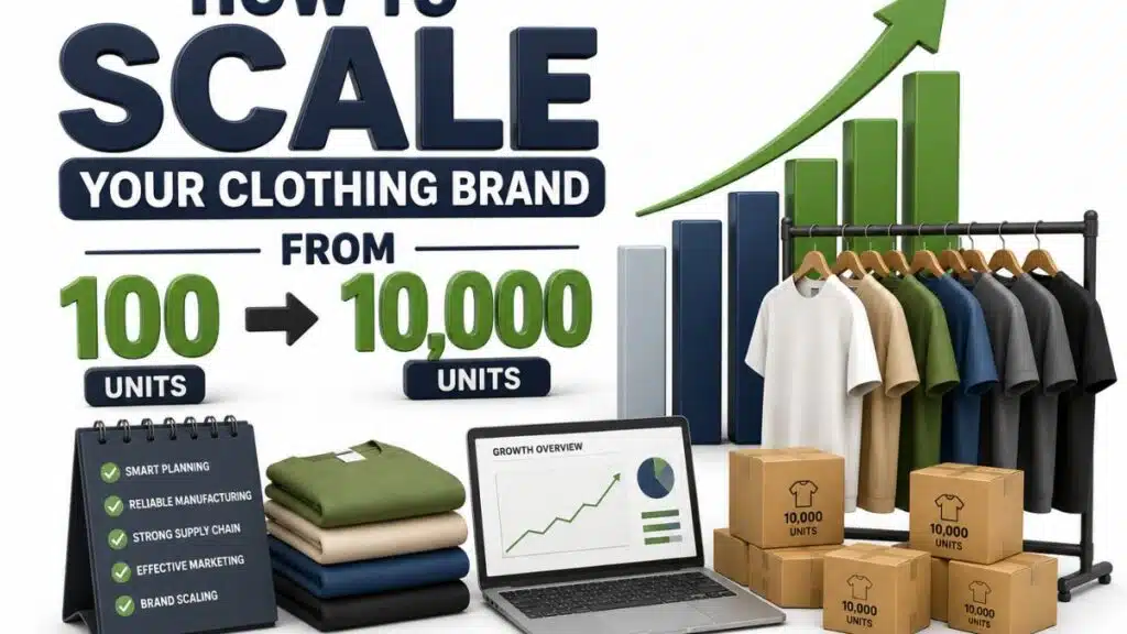 A visual guide titled "How to Scale Your Clothing Brand from 100 to 10,000 Units," featuring an upward green arrow over a bar graph, a laptop showing growth metrics, a clothing rack, folded t-shirts, a strategy flip chart listing key business pillars, and boxes labeled "10,000 Units."