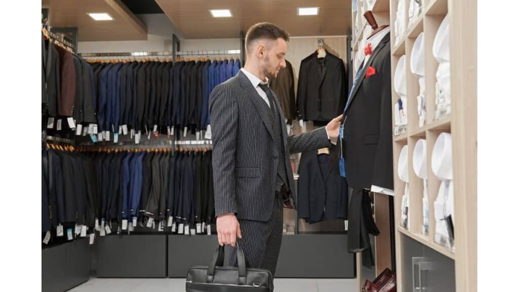 A man in a pinstriped suit, holding a black briefcase, examines a black suit jacket on a mannequin in a clothing store. He stands in profile facing right, with his right hand touching the jacket's lapel. Racks of suits in blue, grey, and black line the left side of the store, while shelves of folded white dress shirts are on the right. Bright lighting illuminates the neatly arranged clothing.