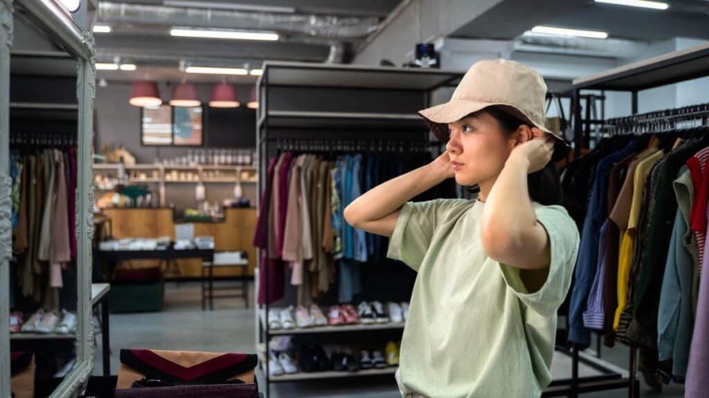 A young Asian woman in profile tries on a light-colored bucket hat in a clothing store, adjusting it with her hands near her ears while looking into a mirror on the left. She wears a light green loose T-shirt. In the background, colorful clothing racks, shoe shelves, and a counter with merchandise are visible under pendant lighting.