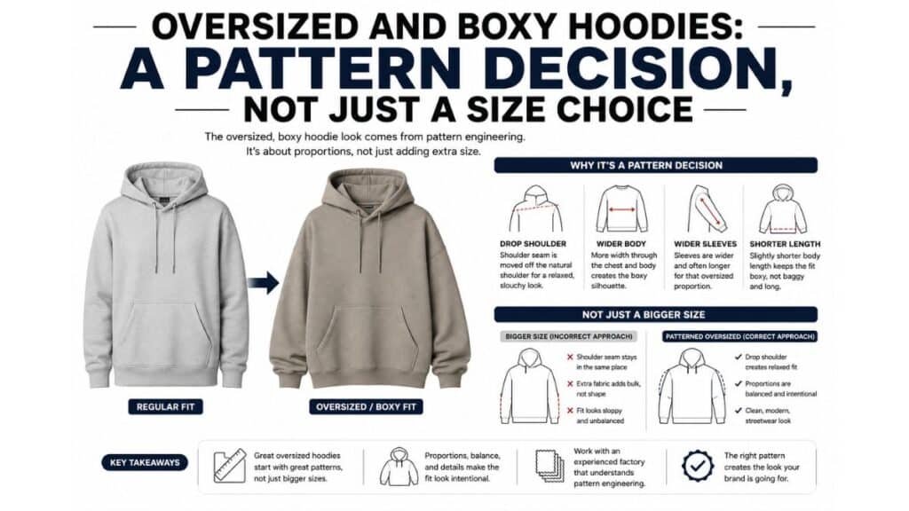 An informational graphic titled "Oversized and Boxy Hoodies: A Pattern Decision, Not Just a Size Choice." At the top, two hoodies are shown side by side: a light grey "Regular Fit" hoodie on the left and a taupe "Oversized / Boxy Fit" hoodie on the right, with an arrow pointing from the regular to the oversized style. The right side of the graphic is split into sections: "Why it's a Pattern Decision" illustrates four pattern features — drop shoulder, wider body, wider sleeves, and shorter length. A section titled "Not Just a Bigger Size" compares the "Bigger Size (Incorrect Approach)" with the "Patterned Oversized (Correct Approach)" using hoodie diagrams and X/✓ bullet points. The bottom "Key Takeaways" section lists four points with icons emphasizing pattern engineering, proportions, and working with experienced manufacturers to achieve a true oversized look.