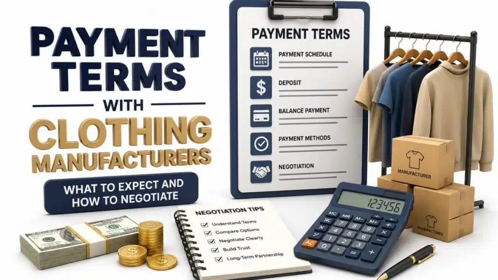 Illustration of payment terms with clothing manufacturers, featuring a clipboard listing payment terms, a clothing rack, stacked manufacturer boxes, dollar bills, coins, and an open negotiation tips notebook.
