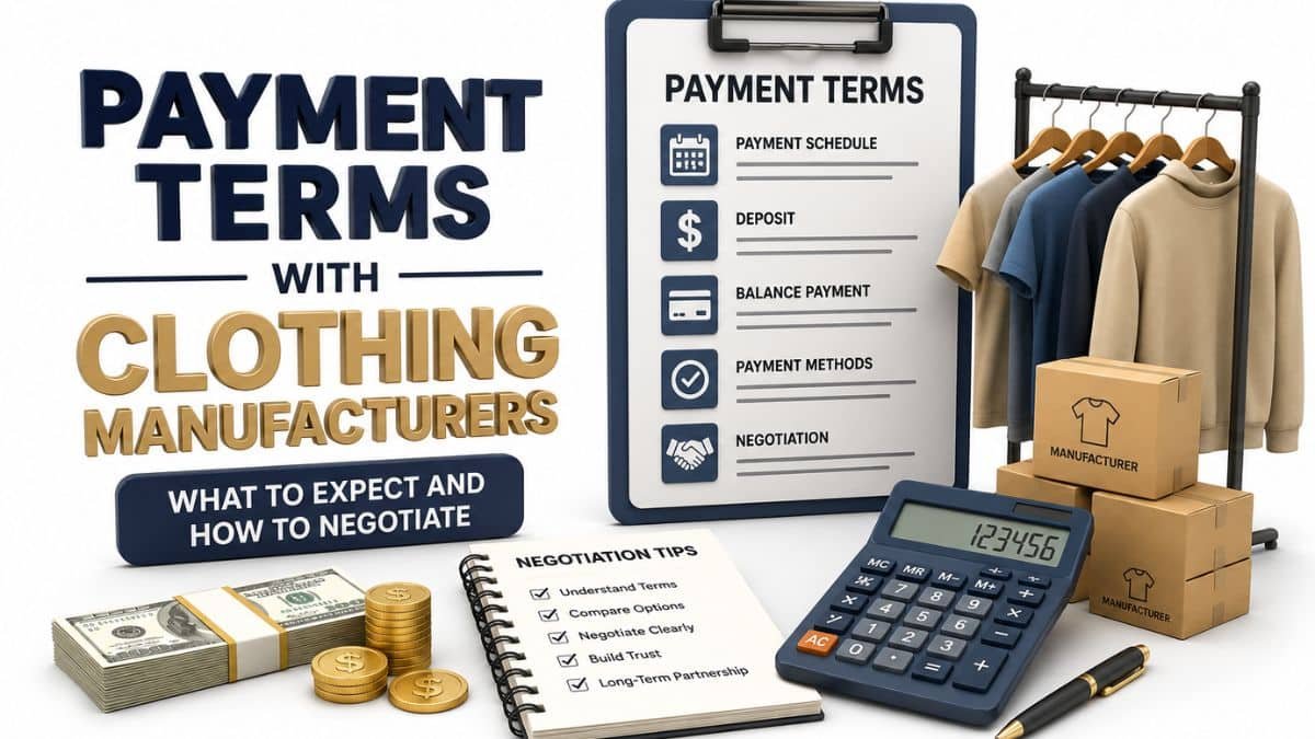 Illustration of payment terms with clothing manufacturers, featuring a clipboard listing payment terms, a clothing rack, stacked manufacturer boxes, dollar bills, coins, and an open negotiation tips notebook.