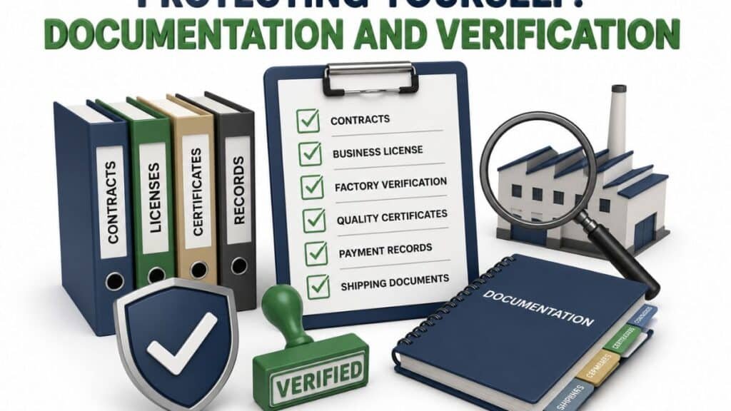 An illustration titled "Documentation and Verification" showing four binders labeled Contracts, Licenses, Certificates, and Records on the left, a clipboard with a checklist of verified items in the center, a blue-and-silver shield with a checkmark and a green "Verified" stamp in the foreground, and a magnifying glass over a miniature factory building on the right, with an open Documentation binder below it.