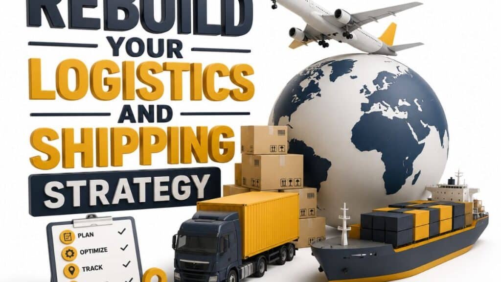 A logistics strategy graphic with layered 3D text reading "REBUILD YOUR LOGISTICS AND SHIPPING STRATEGY" in dark gray, yellow, and white. To the right, a white airplane flies above a 3D globe with stacked cargo boxes beside it. In front of the globe sit a blue semi-truck with a yellow container and a cargo ship loaded with containers. A clipboard checklist in the bottom left shows "PLAN," "OPTIMIZE," and "TRACK" with checkmarks.