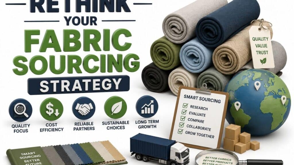 Infographic titled "Rethink Your Fabric Sourcing Strategy" with bold blue and green 3D lettering on a white background. Five circular icons run across the top: Quality Focus (magnifying glass over fabric), Cost Efficiency (dollar sign with down arrow), Reliable Partners (handshake), Sustainable Choices (leaf), and Long Term Growth (upward bar graph). To the right, a stack of fabric rolls in beige, dark blue, light blue, olive green, and black, with one tagged "Quality Value Trust" beside a leaf icon. In the foreground, a clipboard labeled "Smart Sourcing" lists checked items: Research, Evaluate, Compare, Collaborate, Grow Together. Next to it sit a blue globe with location pins, brown cardboard boxes, and a small blue shipping truck with a white cab. At bottom left, a book titled "Smart Sourcing Better Future" displays fabric swatches. At bottom right, a magnifying glass reads "Better Fabrics Better Products."Let me know if you need a shorter version or one optimized for a specific use case (e.g., social media, accessibility compliance).