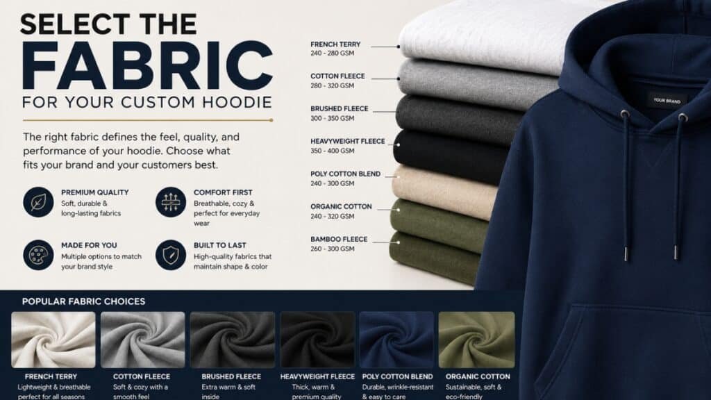 Promotional graphic for custom hoodies. At top left, bold title reads "SELECT THE FABRIC FOR YOUR CUSTOM HOODIE" above introductory text and four benefit icons: "PREMIUM QUALITY," "COMFORT FIRST," "MADE FOR YOU," and "BUILT TO LAST." On the right, a stack of seven folded fabric swatches in white, light grey, dark grey, black, beige, olive green, and dark blue are labeled with fabric types (French Terry, Cotton Fleece, Brushed Fleece, Heavyweight Fleece, Poly Cotton Blend, Organic Cotton, Bamboo Fleece) and GSM ranges. A dark blue hoodie with drawstrings and a "YOUR BRAND" label is partially visible in front of the stack. The bottom section shows a grid of six close-up swirling fabric textures for French Terry, Cotton Fleece, Brushed Fleece, Heavyweight Fleece, Poly Cotton Blend, and Organic Cotton, each with a short description of its characteristics.