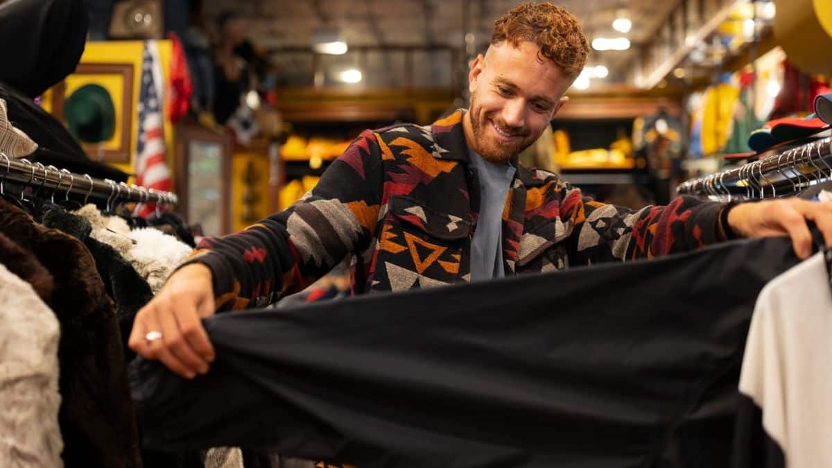 A man with red curly hair and a beard smiling while looking at a dark garment he's holding in a thrift or vintage clothing store.
