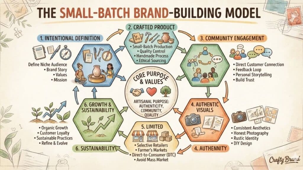 A circular flowchart titled "The Small-Batch Brand-Building Model" on a tan background with decorative plant motifs and stamp graphics. Six hexagonal stages are arranged in a ring around a central circle labeled "Core Purpose & Values" (Artisanal Purpose: Authenticity, Community, Quality), with arrows indicating a continuous loop. The stages are: (1) Intentional Definition — define niche audience, brand story, values, mission; (2) Crafted Product — small-batch production, quality control, handmade process, ethical sourcing; (3) Community Engagement — direct customer connection, feedback loop, personal storytelling, build trust; (4) Authentic Visuals — consistent aesthetics, honest photography, rustic identity, DIY design; (5) Limited Distribution — selective retailers, farmer's markets, DTC, avoid mass market; (6) Growth & Sustainability — organic growth, customer loyalty, sustainable practices, refine and evolve. The overall style is hand-drawn and organic.