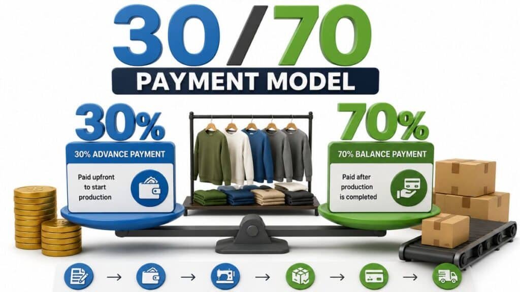 3D infographic titled "30/70 PAYMENT MODEL" with "30" in blue and "70" in green. A balanced scale shows a 30% advance payment on the left pan, represented by gold coins and a wallet, with the text "Paid upfront to start production." The right pan shows a 70% balance payment, represented by cardboard boxes on a conveyor belt and a hand holding a credit card, with the text "Paid after production is completed." Between the pans sits a clothing rack with colorful sweaters. A process flow at the bottom shows icons for documentation, wallet, sewing machine, packed box, credit card, and delivery truck, illustrating the production and payment cycle.