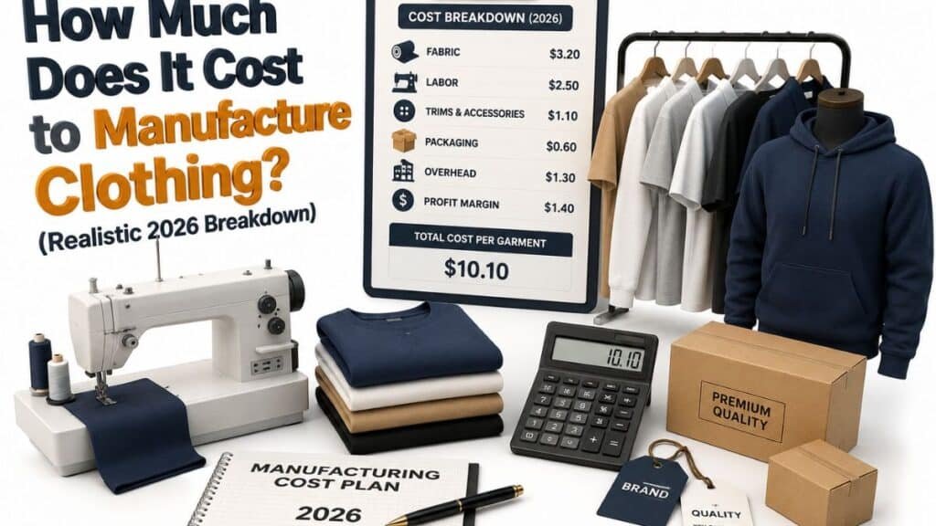 An infographic titled "Manufacturing Cost Plan 2026" showing the cost breakdown of clothing production. On the left, a sewing machine, navy fabric, spiral notebook, calculator (displaying $10.10), and stacked t-shirts in navy, white, beige, and black. On the right, a screen lists the cost per garment: Fabric ($3.20), Labor ($2.50), Trims & Accessories ($1.10), Packaging ($0.60), Overhead ($1.30), and Profit Margin ($1.40), totaling $10.10. Behind the screen, a clothing rack holds plain t-shirts and polo shirts. In the foreground, a dark blue hoodie on a mannequin stands beside two cardboard boxes labeled "Premium Quality," plus blue "Brand" and white "Quality" tags.