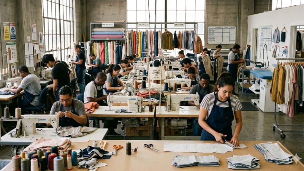 Workers in a garment factory, mostly men with some women, seated at sewing machines amid bolts of fabric and racks of clothing labeled by batch number. A woman in the foreground cuts fabric with scissors.