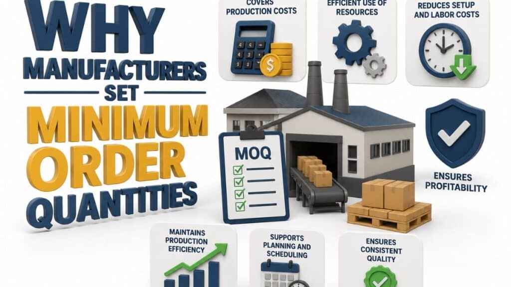 A 3D graphic titled "WHY MANUFACTURERS SET MINIMUM ORDER QUANTITIES" in bold blue and yellow text. Six white cards with icons and labels surround a central factory illustration. Top row: a calculator and coins for "COVERS PRODUCTION COSTS"; interlocking gears for "EFFICIENT USE OF RESOURCES"; a clock with a downward green arrow for "REDUCES SETUP AND LABOR COSTS". Center: a factory building with a conveyor belt carrying boxes, a clipboard with "MOQ" and checkmarks, and a blue shield with a checkmark for "ENSURES PROFITABILITY". Bottom row: a bar graph with an upward green arrow for "MAINTAINS PRODUCTION EFFICIENCY"; a calendar and clock for "SUPPORTS PLANNING AND SCHEDULING"; a green checkmark icon for "ENSURES CONSISTENT QUALITY".