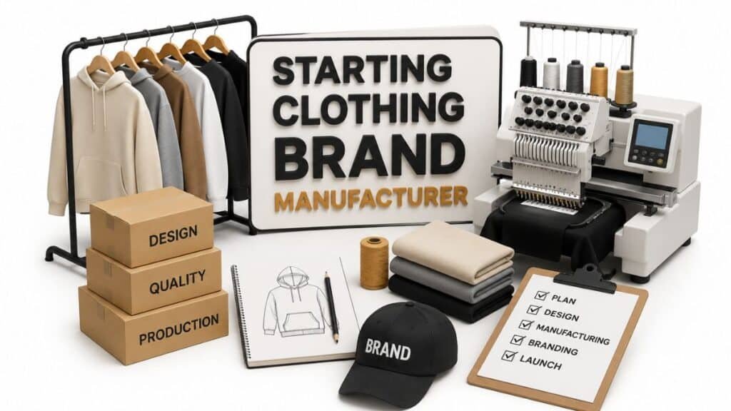 Overhead flat lay of clothing brand startup tools and supplies on a white surface, including a rack with neutral hoodies, labeled boxes, an embroidery machine, and a checklist.