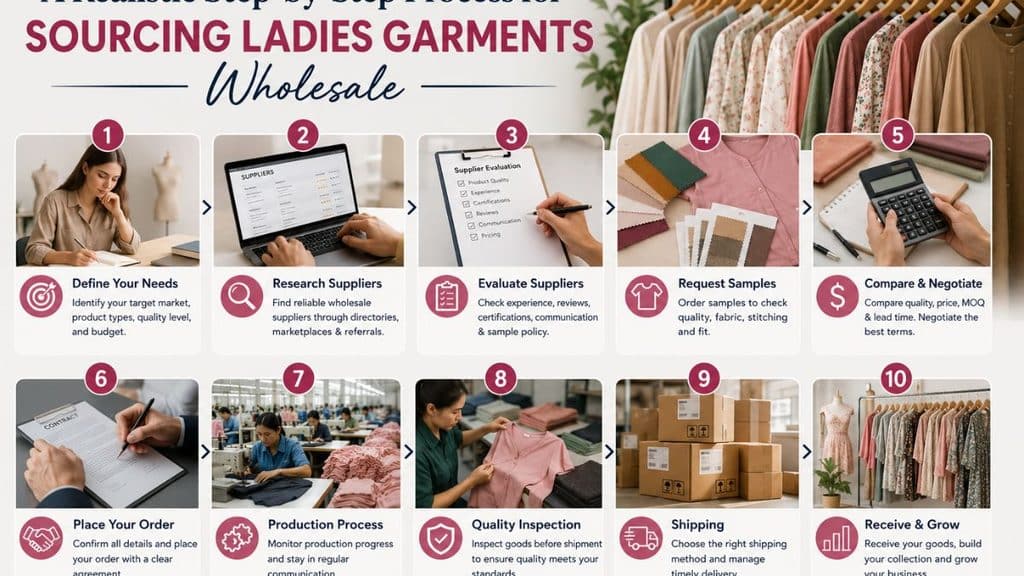 Ladies garments wholesale display featuring colorful women’s clothing on racks and neatly folded embroidered garments, showcasing trendy styles, bulk orders, and wholesale quality.