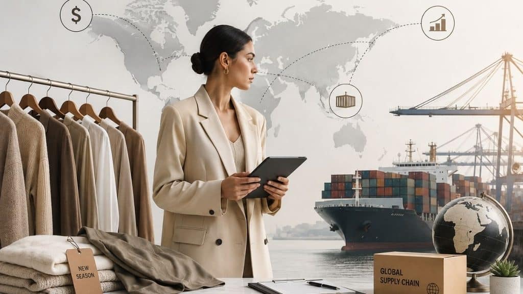 Fashion business scene showing a woman in a beige suit holding a tablet beside clothing racks, folded garments, shipping containers, and a cargo ship at a global port, with a world map and trade symbols in the background, representing tariffs, international trade, and the fashion supply chain.