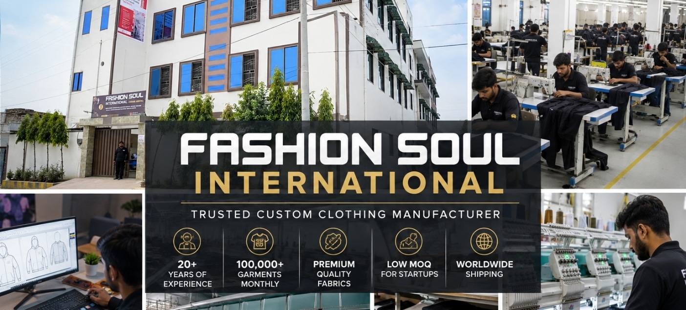 Fashion Soul International factory and garment manufacturing facility with sewing, embroidery, and clothing production.