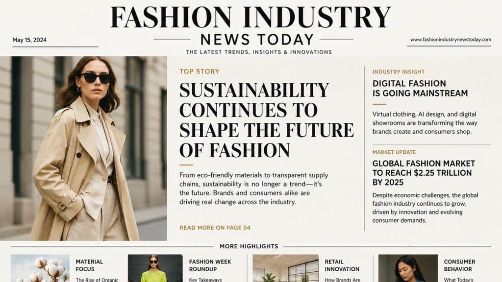 Fashion industry news magazine cover featuring a stylish woman in a beige trench coat, with headlines about sustainability, digital fashion, the global fashion market, fashion week, retail innovation, and consumer behavior.