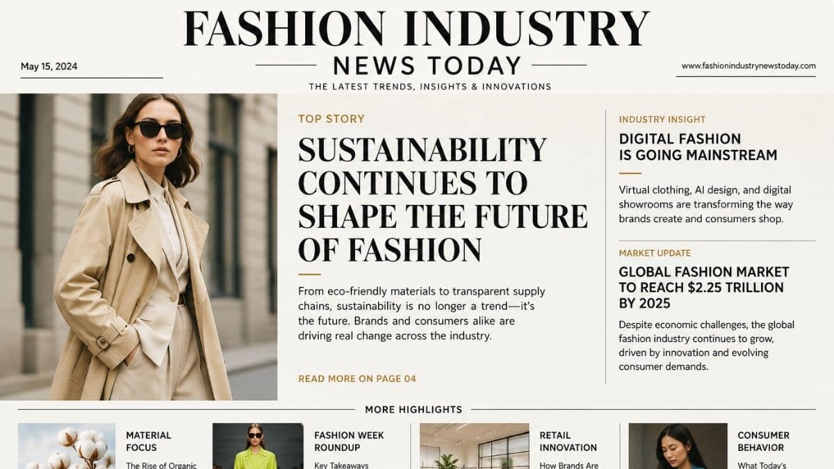 Fashion industry news magazine cover featuring a stylish woman in a beige trench coat, with headlines about sustainability, digital fashion, the global fashion market, fashion week, retail innovation, and consumer behavior.