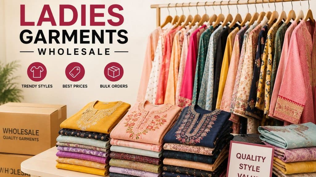 Ladies garments wholesale display featuring colorful women’s clothing on racks and neatly folded embroidered garments, showcasing trendy styles, bulk orders, and wholesale quality