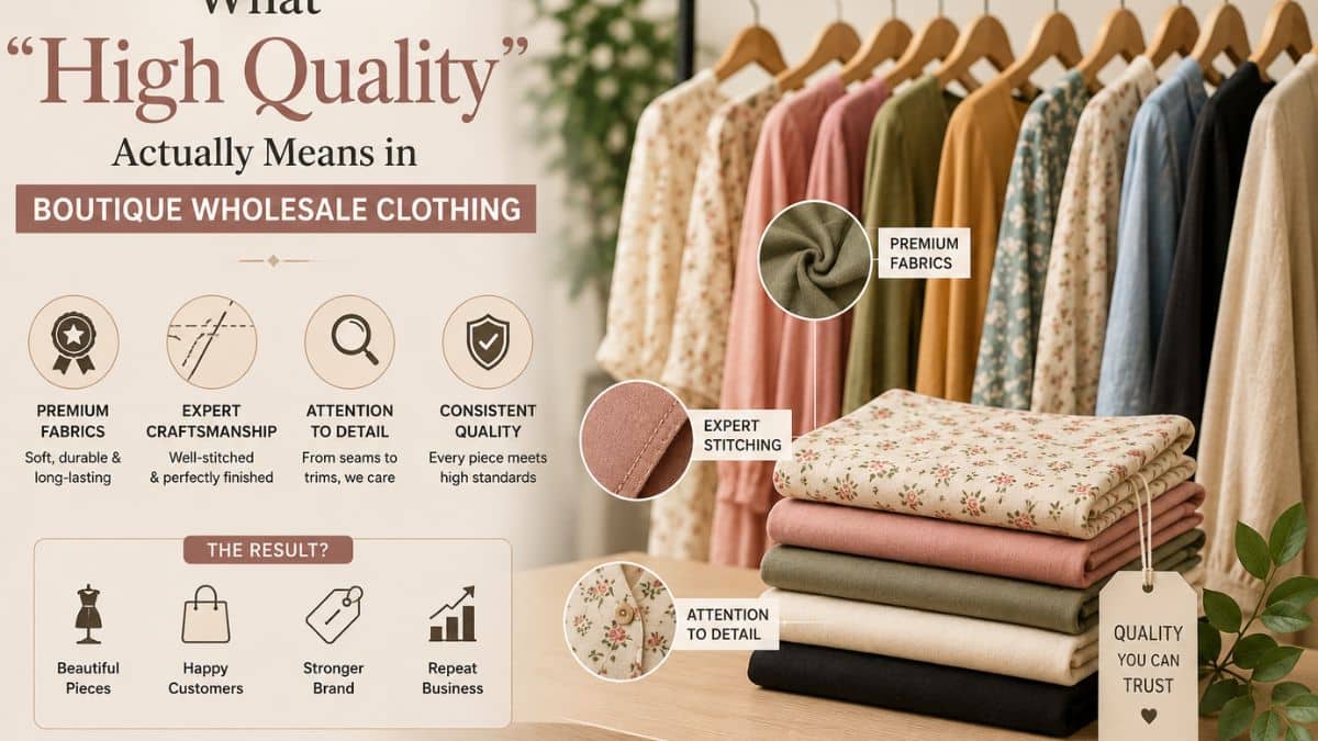 Ladies garments wholesale display featuring colorful women’s clothing on racks and neatly folded embroidered garments, showcasing trendy styles, bulk orders, and wholesale quality.