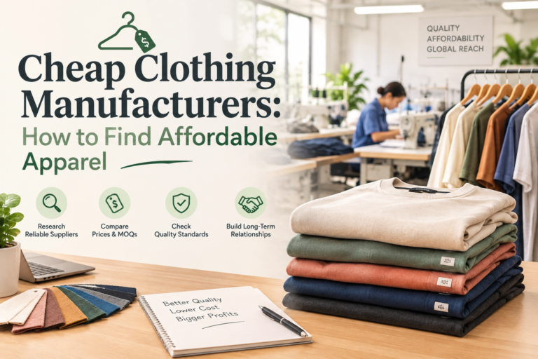 Cheap Clothing Manufacturers: How to Find Affordable Apparel, featuring folded clothes, fabric samples, and a professional garment manufacturing workshop.