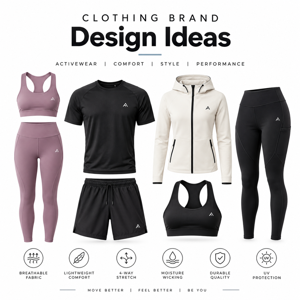Clothing brand design ideas featuring modern activewear outfits on a white background