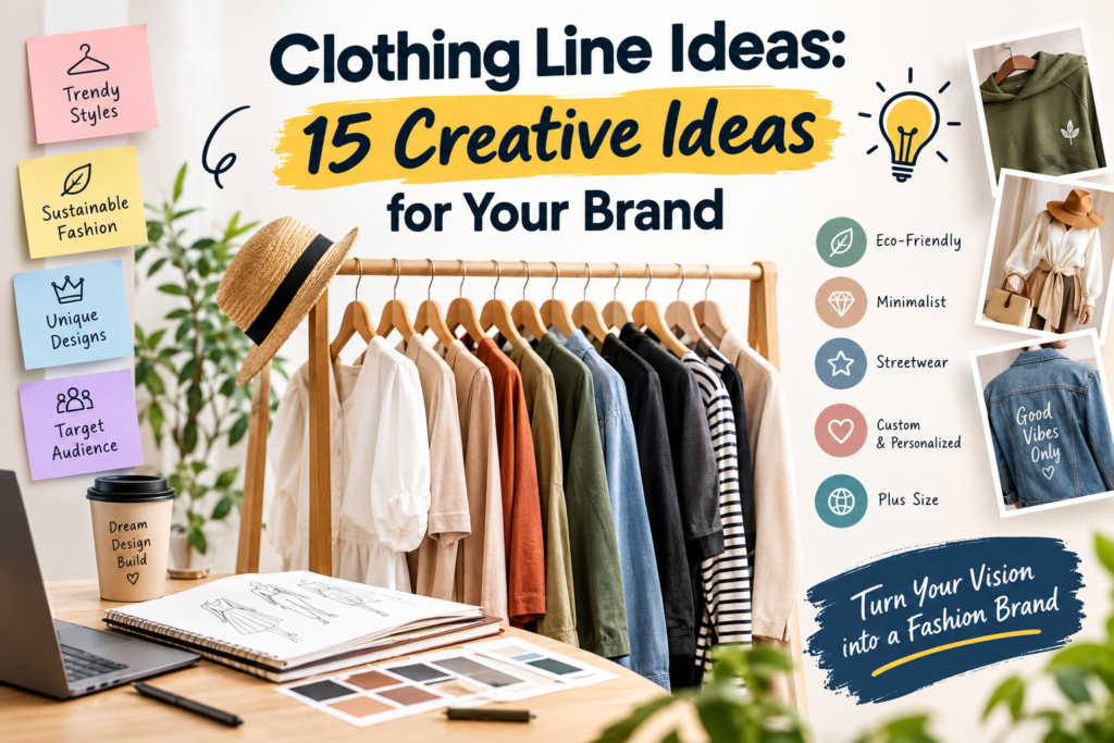 Clothing line ideas featuring stylish outfits, sustainable fashion, streetwear, and creative clothing brand inspiration.
