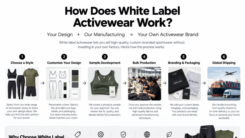 How white label activewear works, showing six steps from product selection and design customization to sample development, bulk production, custom branding, packaging, and global shipping.