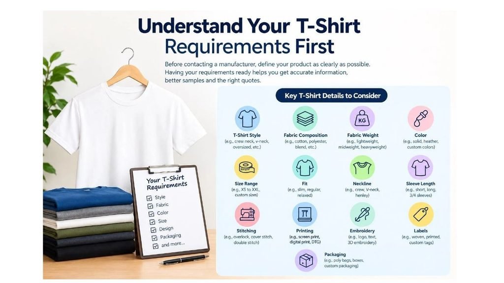 T-shirt manufacturing requirements infographic showing a white T-shirt, fabric samples, and a checklist of key details, including T-shirt style, fabric composition, weight, color, size, fit, neckline, sleeves, stitching, printing, embroidery, labels, and packaging.