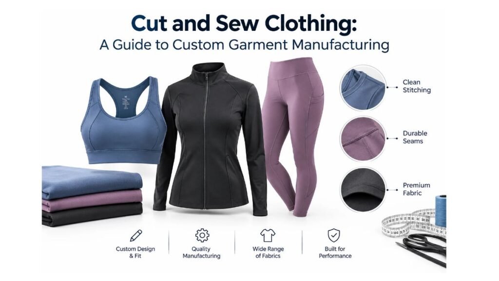 Cut and sew clothing manufacturing featuring custom activewear, premium fabrics, and durable stitching.
