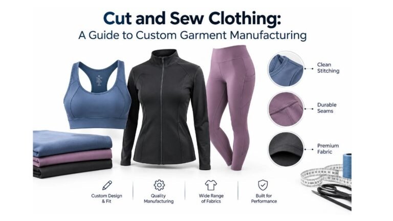 Cut and sew clothing manufacturing featuring custom activewear, premium fabrics, and durable stitching.