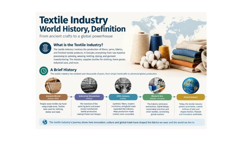Historical development of the textile industry, from traditional handloom weaving to modern textile manufacturing.