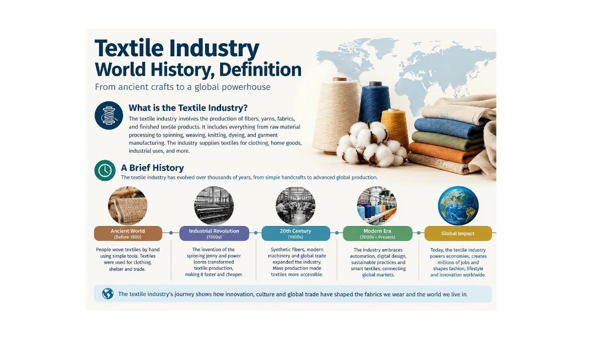 Historical development of the textile industry, from traditional handloom weaving to modern textile manufacturing.